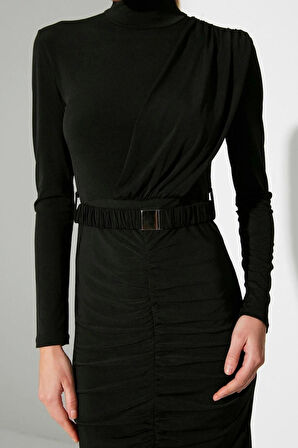 Yeni Slim Şık Abiye Gece Sandy Örme Dik Yaka Uzun Kol Bodycone Midi Boy Elbise