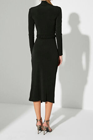 Yeni Slim Şık Abiye Gece Sandy Örme Dik Yaka Uzun Kol Bodycone Midi Boy Elbise