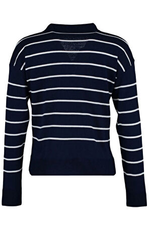 Kadın Moda Şık Regular Polo Yaka Uzun Kol Çizgili Polo Yaka Triko Kazak