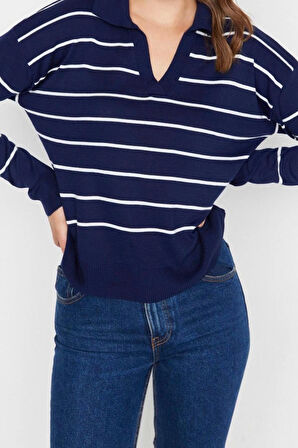 Kadın Moda Şık Regular Polo Yaka Uzun Kol Çizgili Polo Yaka Triko Kazak