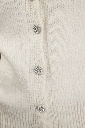 Kadın Regular Bisiklet Yaka Uzun Kol Düz Yumuşak Dokulu Mücevher Düğmeli Ceket Görünümlü Triko Hırka