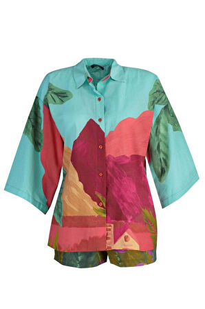 Kadın Moda Şık Geniş Paça Uzun Kollu Manzara Desenli Dokuma %100 Pamuklu Gömlek Şort Takım