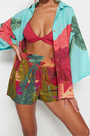 Kadın Moda Şık Geniş Paça Uzun Kollu Manzara Desenli Dokuma %100 Pamuklu Gömlek Şort Takım