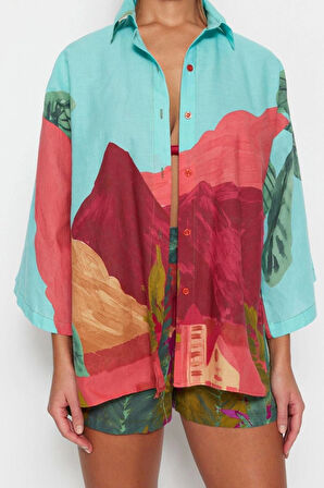 Kadın Moda Şık Geniş Paça Uzun Kollu Manzara Desenli Dokuma %100 Pamuklu Gömlek Şort Takım