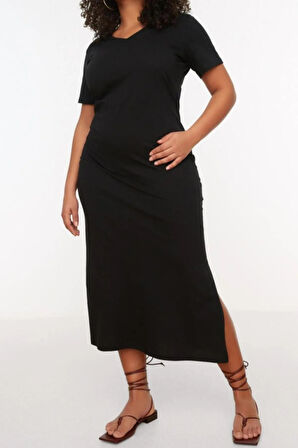 Yeni Slim Casual Günlük Süprem Örme V Yaka Kısa Kol Shift Midi Boy Büyük Beden Elbise