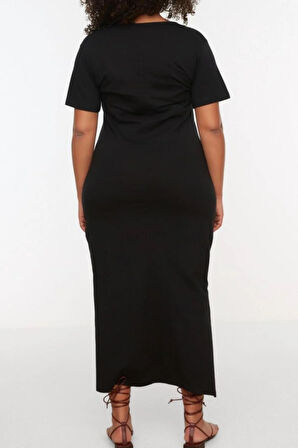 Yeni Slim Casual Günlük Süprem Örme V Yaka Kısa Kol Shift Midi Boy Büyük Beden Elbise