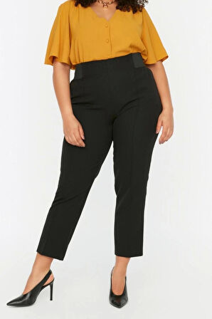 Kadın Yeni Moda Büyük Beden Boru Paça Regular Boy Dokuma Bej Beli Lastikli Kumaş Pantolon B