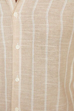 Erkek Moda Uzun Kol Dokuma Açık Haki Slim Fit Çizgili Gömlek