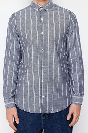 Erkek Moda Uzun Kol Dokuma Açık Haki Slim Fit Çizgili Gömlek