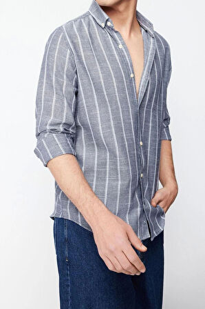 Erkek Moda Uzun Kol Dokuma Açık Haki Slim Fit Çizgili Gömlek