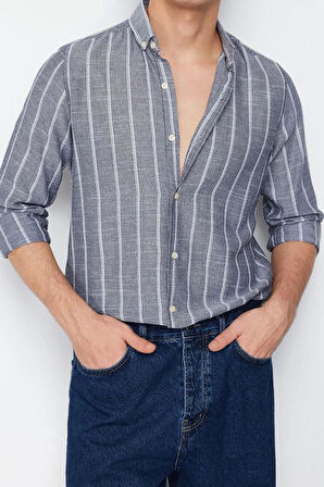 Erkek Moda Uzun Kol Dokuma Açık Haki Slim Fit Çizgili Gömlek