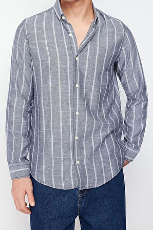 Erkek Moda Uzun Kol Dokuma Açık Haki Slim Fit Çizgili Gömlek