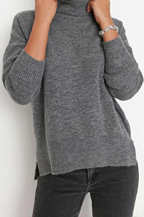 Kadın Moda Şık Regular Balıkçı Yaka Uzun Kol Düz Yumuşak Dokulu Balıkçı Yaka Triko Kazak