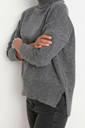 Kadın Moda Şık Regular Balıkçı Yaka Uzun Kol Düz Yumuşak Dokulu Balıkçı Yaka Triko Kazak