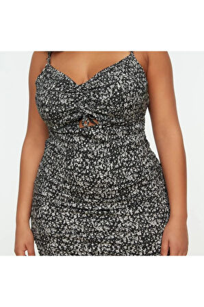 Yeni Slim Casual Günlük Bürümcük Örme V Yaka Askılı Kol Bodycone Mini Boy Büyük Beden Elbise