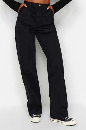 Kadın Moda Şık Kot Pantolon Geniş Paça Regular Boy Denim Lacivert Cep Detaylı Yüksek Bel Jeans