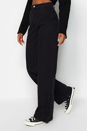 Kadın Moda Şık Kot Pantolon Geniş Paça Regular Boy Denim Lacivert Cep Detaylı Yüksek Bel Jeans