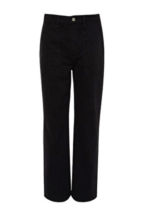 Kadın Moda Şık Kot Pantolon Geniş Paça Regular Boy Denim Lacivert Cep Detaylı Yüksek Bel Jeans