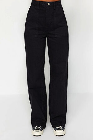 Kadın Moda Şık Kot Pantolon Geniş Paça Regular Boy Denim Lacivert Cep Detaylı Yüksek Bel Jeans