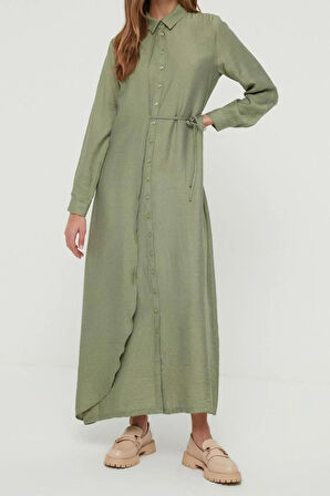 Yeni Regular Günlük Keten Aerobin Dokuma Ceket Yaka Uzun Kol Gömlek Elbise Maxi Boy Tesettür Elbise