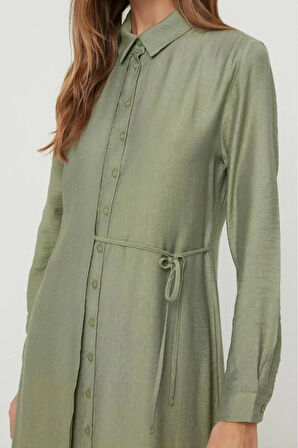 Yeni Regular Günlük Keten Aerobin Dokuma Ceket Yaka Uzun Kol Gömlek Elbise Maxi Boy Tesettür Elbise