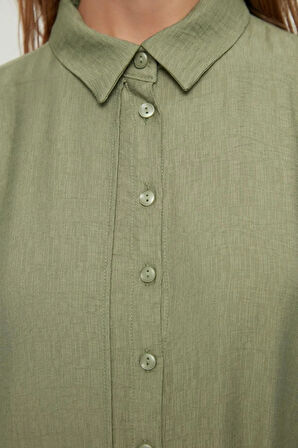 Yeni Regular Günlük Keten Aerobin Dokuma Ceket Yaka Uzun Kol Gömlek Elbise Maxi Boy Tesettür Elbise