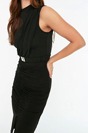 Yeni Slim Gündüz Gece Sandy Örme Dik Yaka Kolsuz Kol Bodycone Midi Boy Elbise