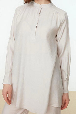 Kadın Moda Şık Geniş Paça Regular Boy Yarım Gizli Patlı Omuz Detaylı Tunik-Pantolon Dokuma Takım