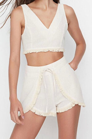 Kadın Moda Şık Boru Paça Kısa Boy Uzun Kollu Dokuma Keten Görünümlü Bluz Şort Takım