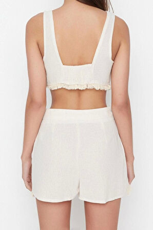 Kadın Moda Şık Boru Paça Kısa Boy Uzun Kollu Dokuma Keten Görünümlü Bluz Şort Takım