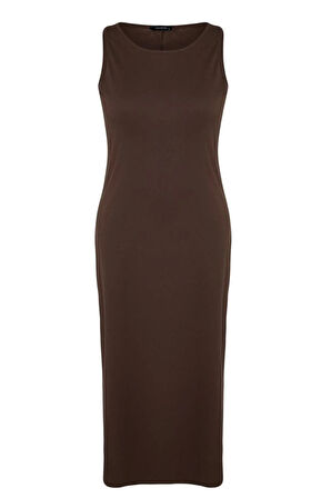 Yeni Slim Casual Günlük Süprem Örme Bisiklet Yaka Kolsuz Kol Shift Midi Boy Büyük Beden Elbise