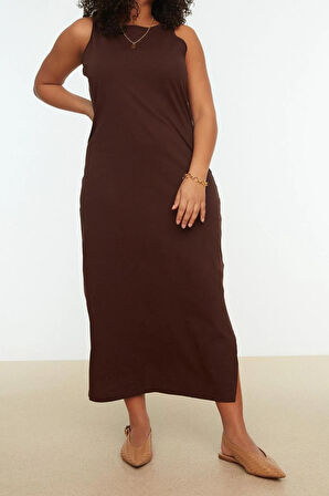 Yeni Slim Casual Günlük Süprem Örme Bisiklet Yaka Kolsuz Kol Shift Midi Boy Büyük Beden Elbise