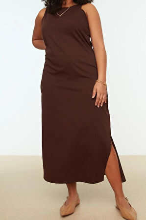 Yeni Slim Casual Günlük Süprem Örme Bisiklet Yaka Kolsuz Kol Shift Midi Boy Büyük Beden Elbise