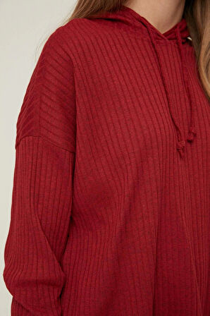 Kadın Moda Şık Kapüşonlu Boru Paça Uzun Kol Pamuklu Fitilli Örme Pijama Takımı