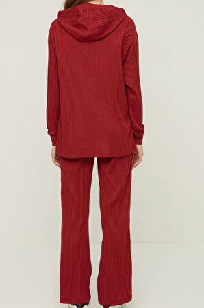 Kadın Moda Şık Kapüşonlu Boru Paça Uzun Kol Pamuklu Fitilli Örme Pijama Takımı