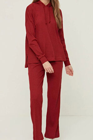 Kadın Moda Şık Kapüşonlu Boru Paça Uzun Kol Pamuklu Fitilli Örme Pijama Takımı