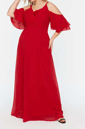 Yeni Rahat Düğün Nikah Şifon Dokuma V Yaka Askılı Kol A-Line Midi Boy Büyük Beden Elbise