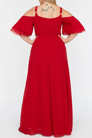 Yeni Rahat Düğün Nikah Şifon Dokuma V Yaka Askılı Kol A-Line Midi Boy Büyük Beden Elbise