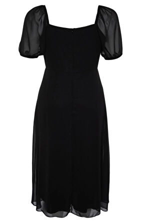 Yeni Fit Casual Günlük Şifon Dokuma Kare Yaka Kısa Kol A-Line Midi Boy Büyük Beden Elbise