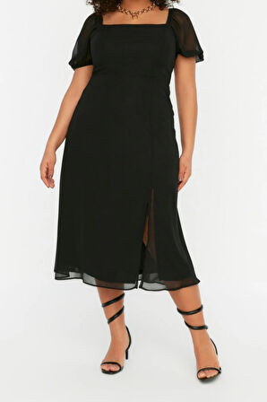 Yeni Fit Casual Günlük Şifon Dokuma Kare Yaka Kısa Kol A-Line Midi Boy Büyük Beden Elbise