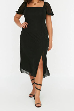 Yeni Fit Casual Günlük Şifon Dokuma Kare Yaka Kısa Kol A-Line Midi Boy Büyük Beden Elbise