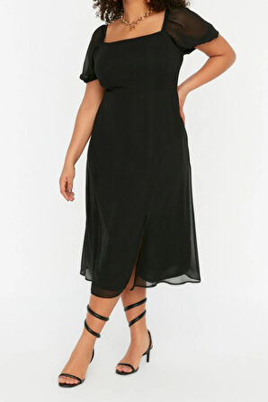 Yeni Fit Casual Günlük Şifon Dokuma Kare Yaka Kısa Kol A-Line Midi Boy Büyük Beden Elbise