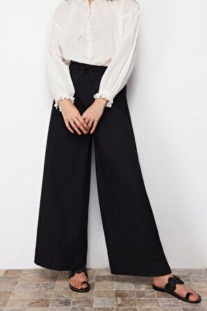 Kadın Yeni Moda Tesettür Boru Paça Regular Boy Dokuma Bol Paça Pantolon