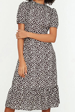 Yeni Regular Casual Günlük Moss Krep Dokuma Dik Yaka Kısa Kol A-Line Midi Boy Elbise