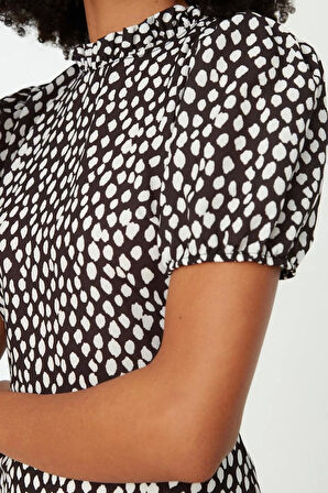 Yeni Regular Casual Günlük Moss Krep Dokuma Dik Yaka Kısa Kol A-Line Midi Boy Elbise