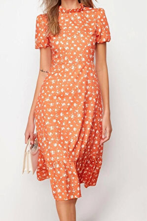 Yeni Regular Casual Günlük Moss Krep Dokuma Dik Yaka Kısa Kol A-Line Midi Boy Elbise