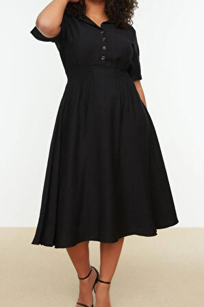 Yeni Rahat Casual Günlük Aerobin Dokuma Gömlek Yaka Kısa Kol A-Line Midi Boy Büyük Beden Elbise