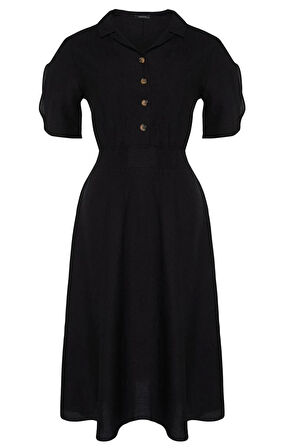 Yeni Rahat Casual Günlük Aerobin Dokuma Gömlek Yaka Kısa Kol A-Line Midi Boy Büyük Beden Elbise