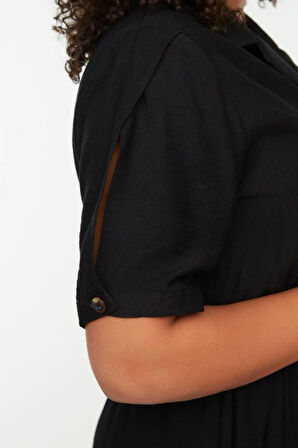 Yeni Rahat Casual Günlük Aerobin Dokuma Gömlek Yaka Kısa Kol A-Line Midi Boy Büyük Beden Elbise