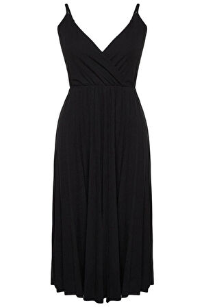 Yeni Rahat Casual Günlük Kaşkorse Örme Kruvaze Askılı Kol A-Line Midi Boy Büyük Beden Elbise